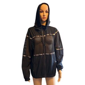 PINK Victoria's Secret Mesh Windbreaker Jacket size XS Black Logo Taping E87
